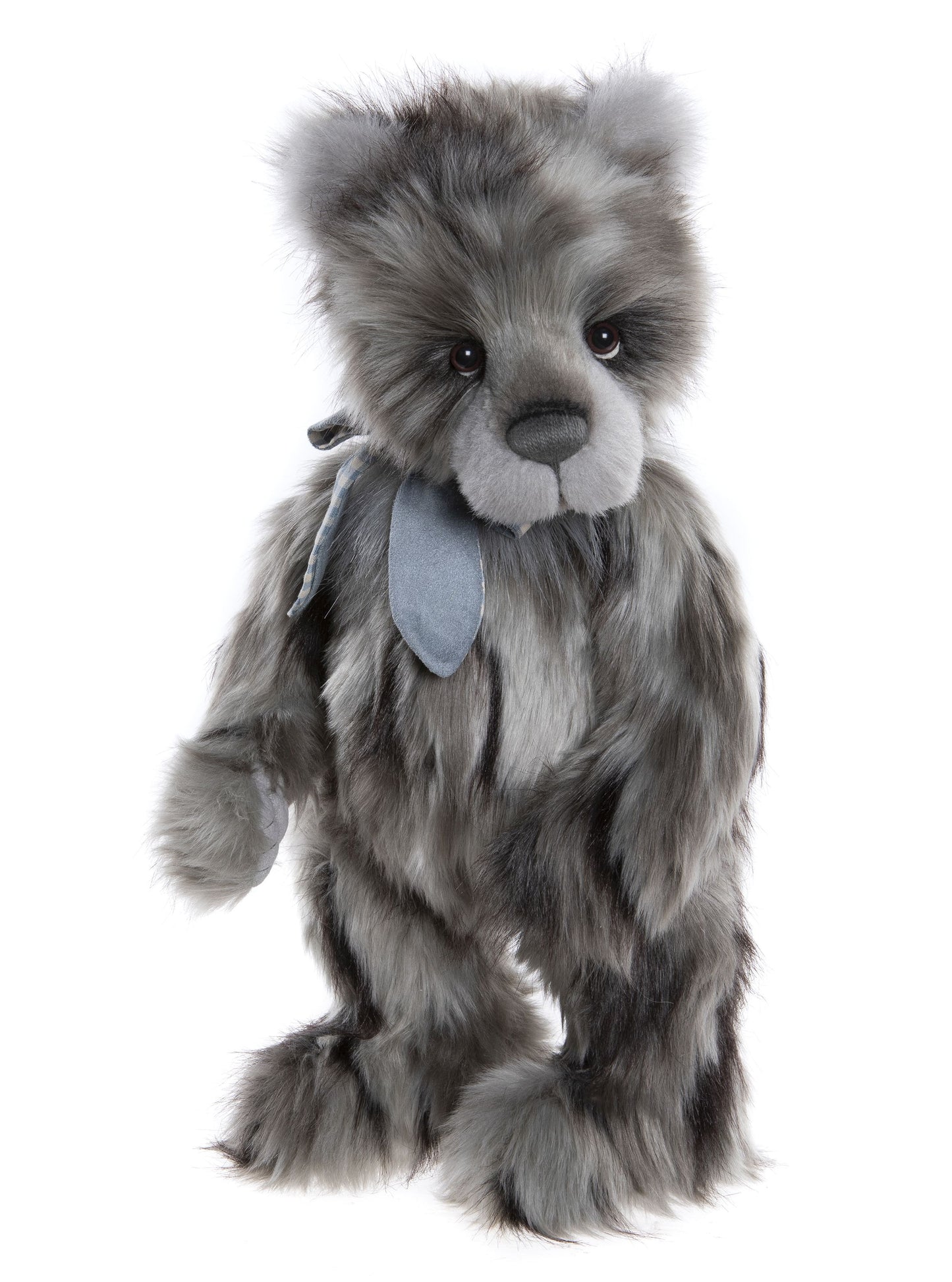 gray Charlie Bear panda wearing a blue checkered bow