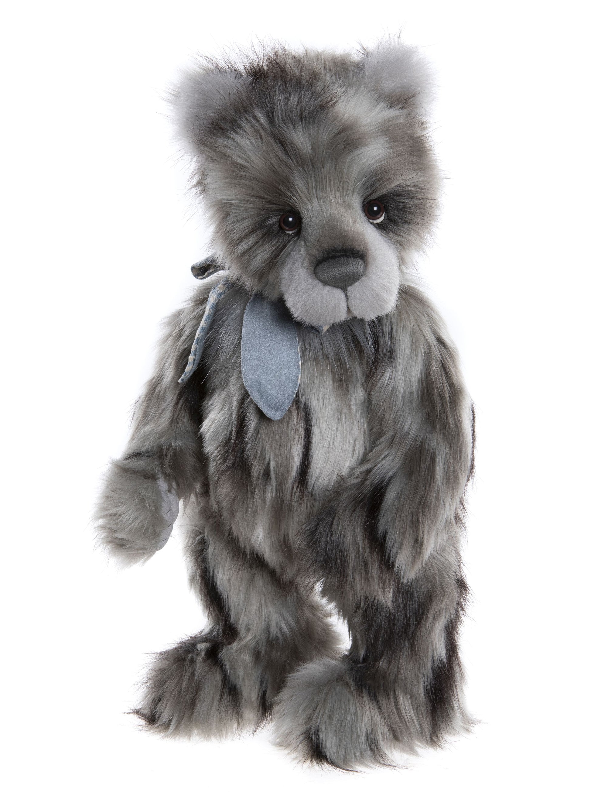 gray Charlie Bear panda wearing a blue checkered bow