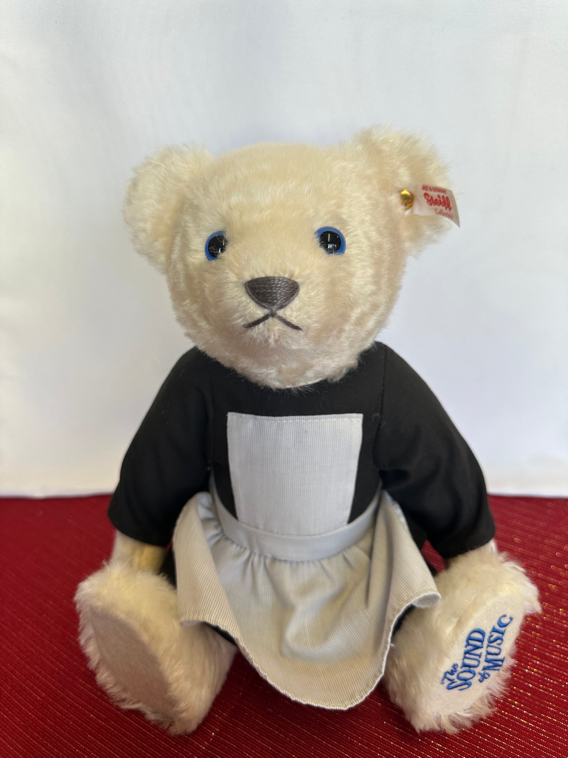 Steiff Sound of Music Bear mohair black and white dress blue eyes gray nose name on foot button in ear