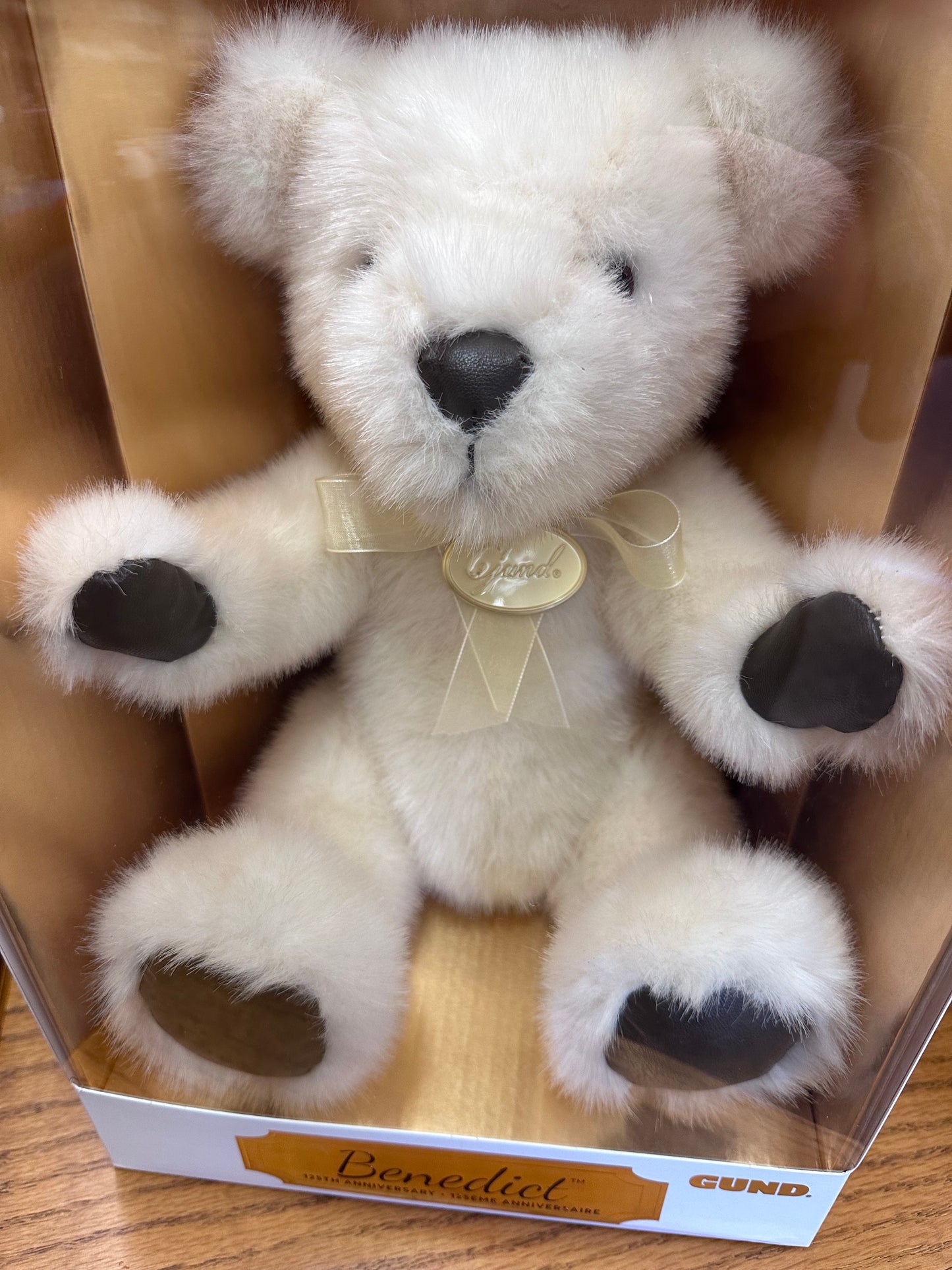 Gund Benedict white plush bear with gold ribbon