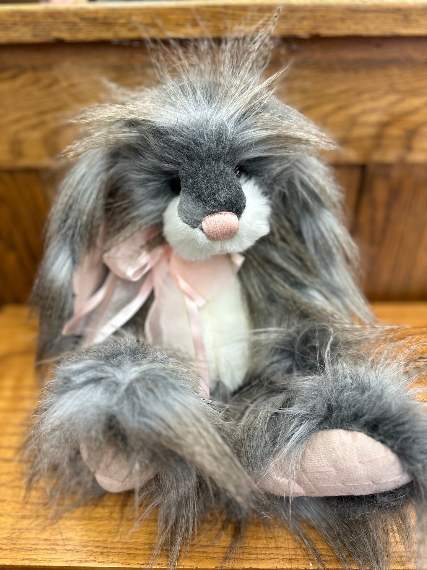 Charlie Bear rabbit gray fur pink paw pads light pink ribbon bow