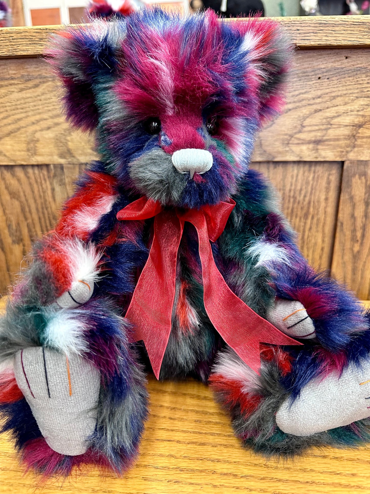 2023 Charlie Bear Higgledy blue green red white bear red ribbon bow