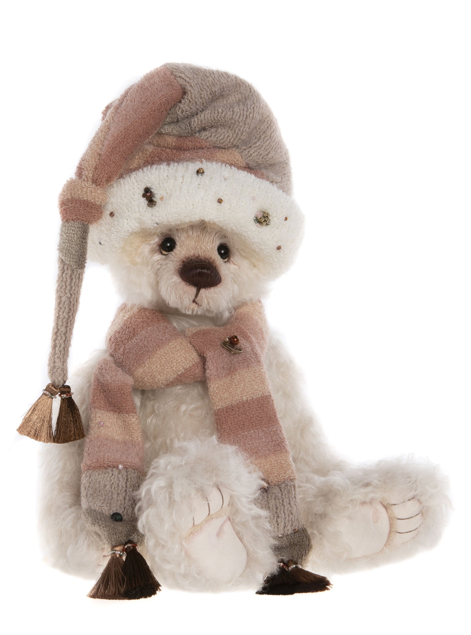 2023 Charlie Bear Miss Earhart mohair light tan fur long tassled striped hat and scarf