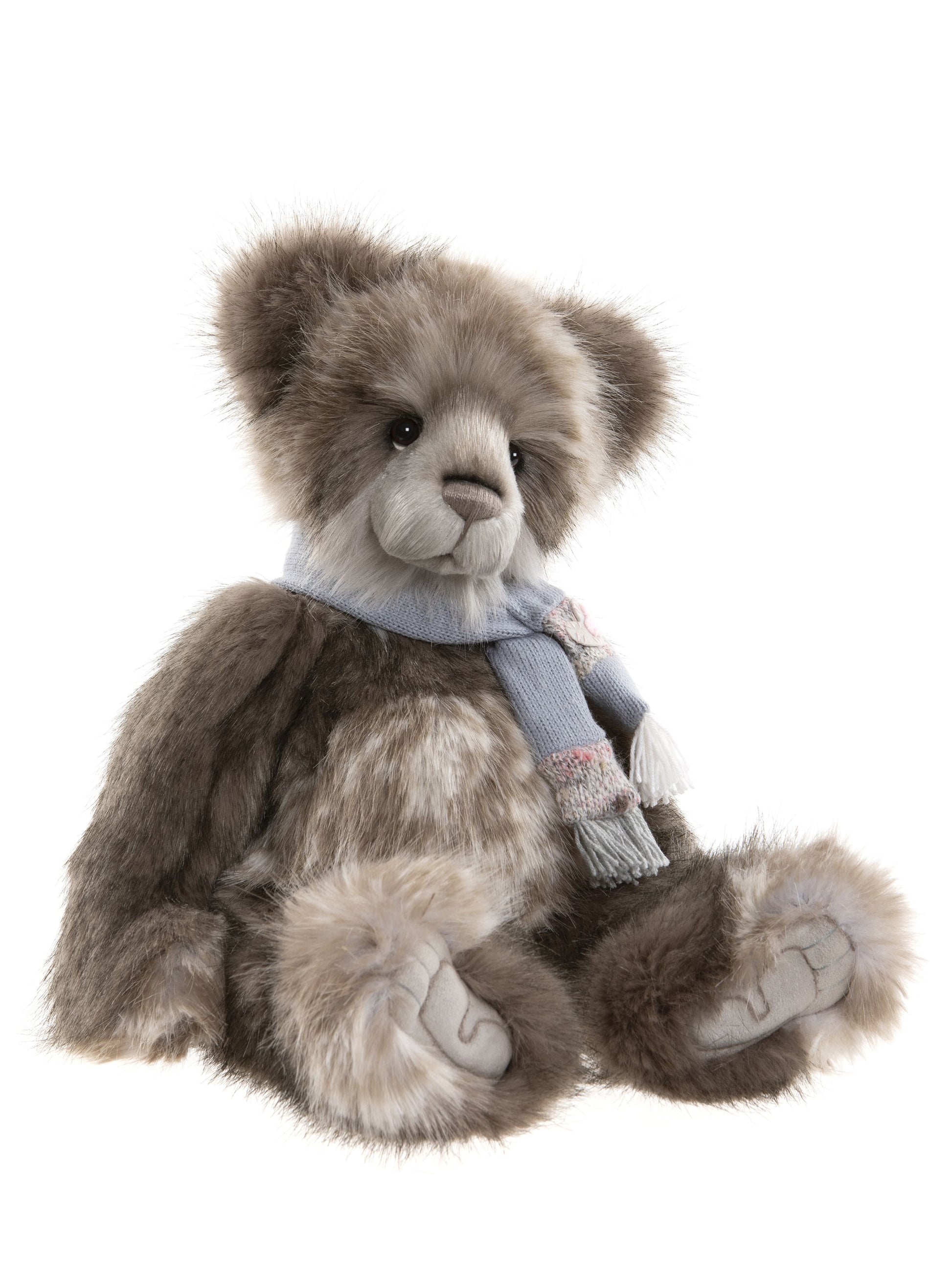 Brown plush Charlie Bear panda with blue fringed scarf