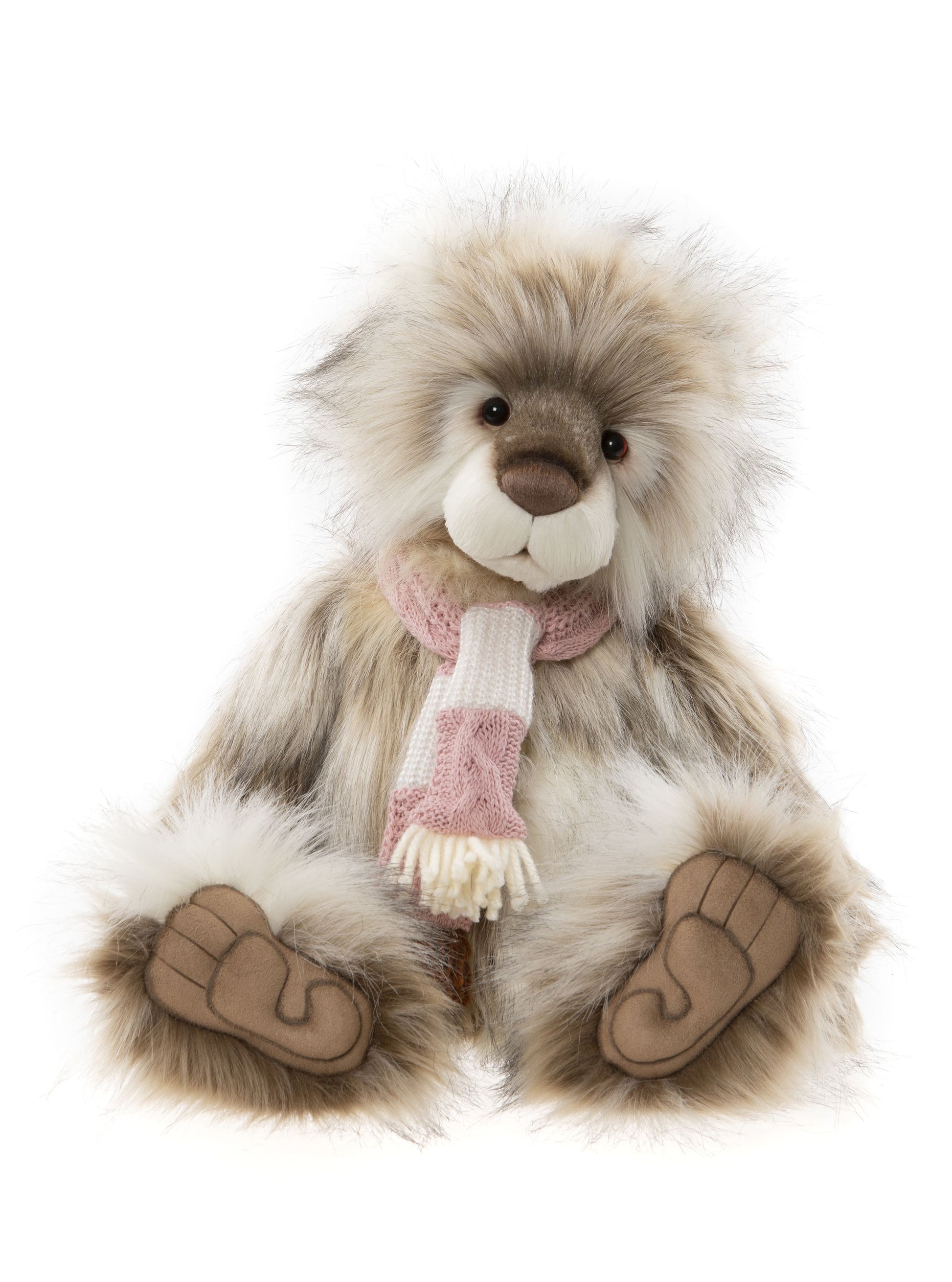 Tan and white plush Charlie Bear panda with pink and white scarf