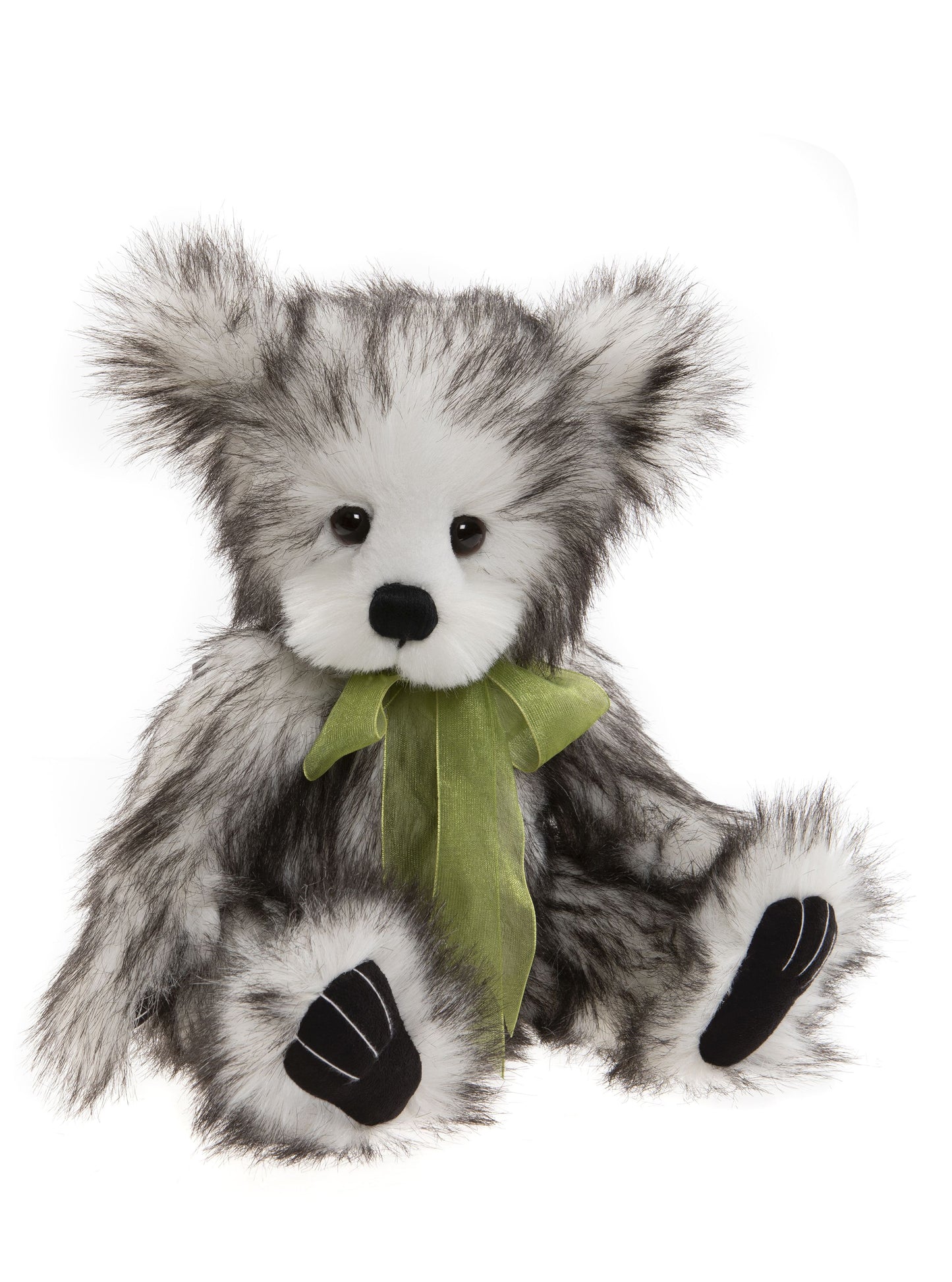 2022 Charlie Bear plush panda black and white fur green ribbon bow